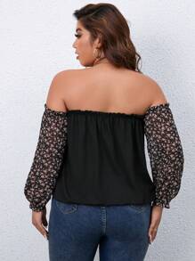 SHEIN LUNE Plus Ditsy Floral Print Off Shoulder Flounce Sleeve Top - Multicolor - View 2