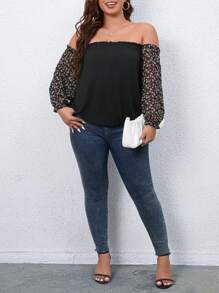 SHEIN LUNE Plus Ditsy Floral Print Off Shoulder Flounce Sleeve Top - Multicolor - View 3