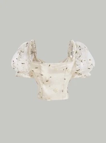 SHEIN MOD Áo sơ mi nữ Thêu viền lá sen cắt Thắt nơ trước Hoa Boho - Màu be - Xem 2