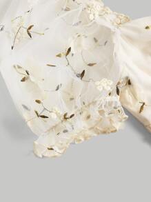 SHEIN MOD Áo sơ mi nữ Thêu viền lá sen cắt Thắt nơ trước Hoa Boho - Màu be - Xem 3