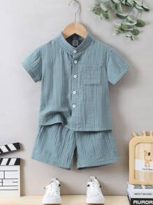 SHEIN Young Boy Misty Blue Plain Simple & Cool Stand Collar Regular Sleeve Two Piece Set For Summer Vacation - Dusty Blue - View 1