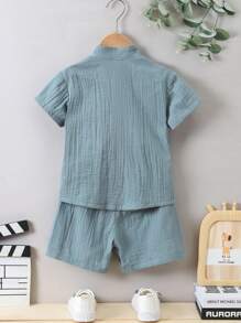 SHEIN Young Boy Misty Blue Plain Simple & Cool Stand Collar Regular Sleeve Two Piece Set For Summer Vacation - Dusty Blue - View 2