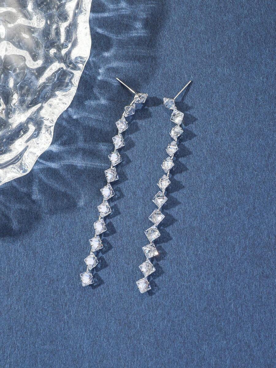 Bông tai thả trang trí bằng đá khối Zirconia - Bạc - Xem 1