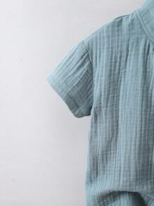 SHEIN Young Boy Misty Blue Plain Simple & Cool Stand Collar Regular Sleeve Two Piece Set For Summer Vacation - Dusty Blue - View 3