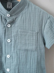 SHEIN Young Boy Misty Blue Plain Simple & Cool Stand Collar Regular Sleeve Two Piece Set For Summer Vacation - Dusty Blue - View 4