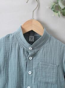 SHEIN Young Boy Misty Blue Plain Simple & Cool Stand Collar Regular Sleeve Two Piece Set For Summer Vacation - Dusty Blue - View 5