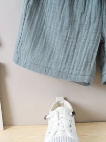 SHEIN Young Boy Misty Blue Plain Simple & Cool Stand Collar Regular Sleeve Two Piece Set For Summer Vacation - Dusty Blue - View 6