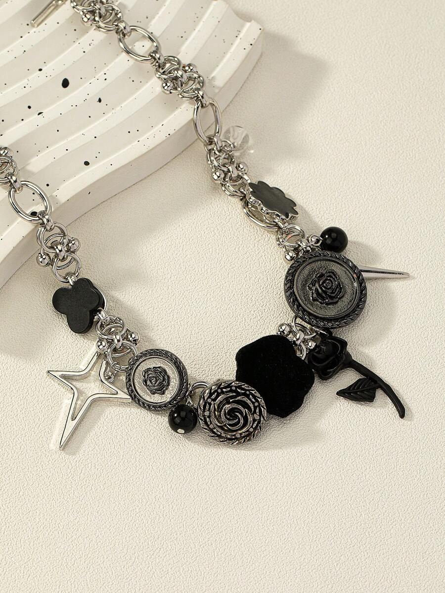 1入組時尚幾何裝飾星星和花朵掛飾項鍊適用於女士日常裝飾 - 彩色 - 查看 1