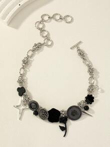 1入組時尚幾何裝飾星星和花朵掛飾項鍊適用於女士日常裝飾 - 彩色 - 查看 2