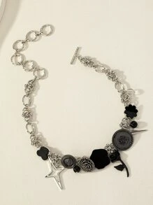 1入組時尚幾何裝飾星星和花朵掛飾項鍊適用於女士日常裝飾 - 彩色 - 查看 4