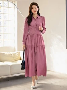 Modelyn Solid Ruffle Hem Shirt Dress - Pink - View 1