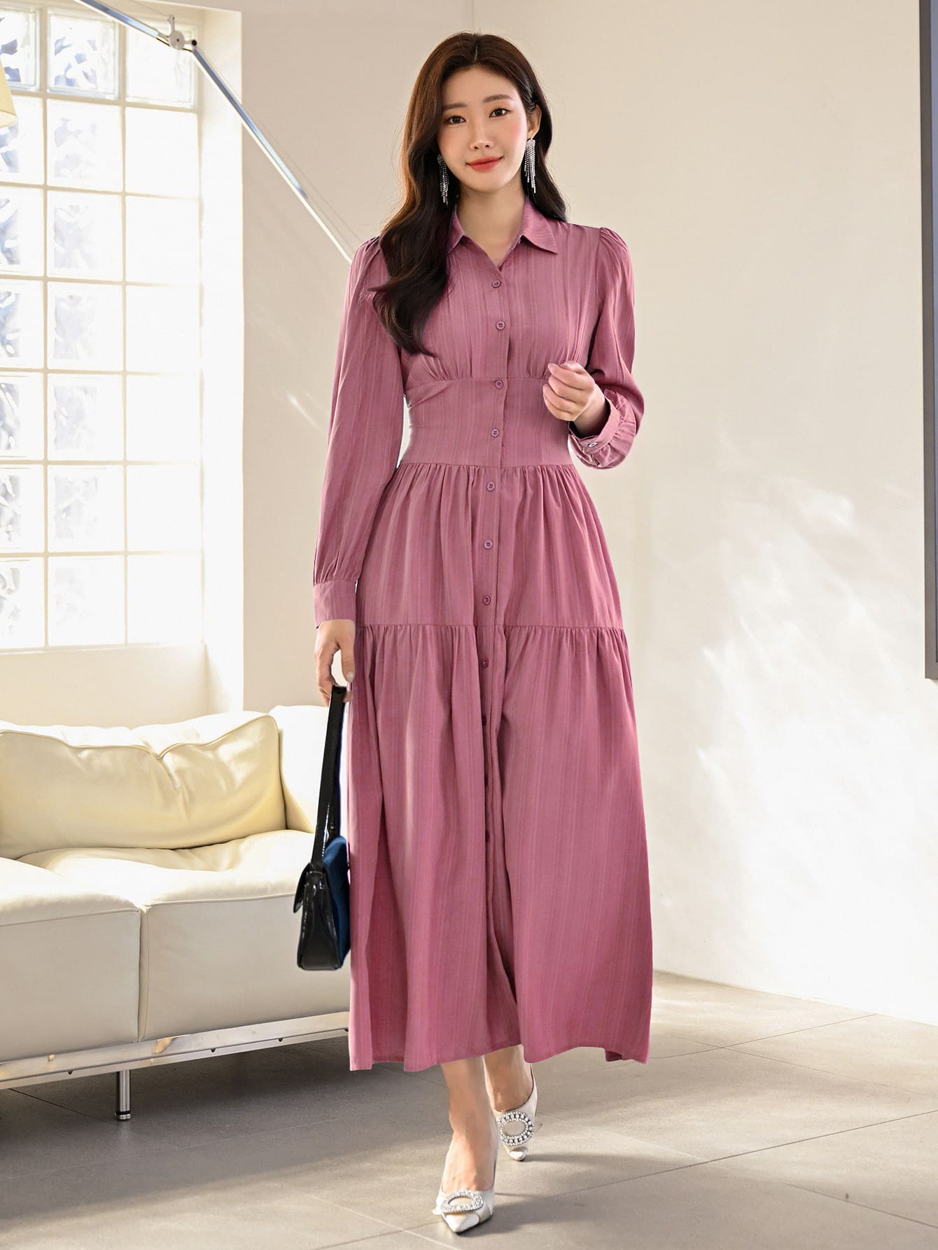 Modelyn Solid Ruffle Hem Shirt Dress - Pink - View 1