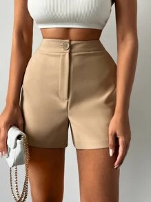 High Waist Slant Pocket Shorts - Khaki - View 3