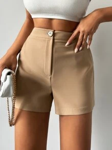 High Waist Slant Pocket Shorts - Khaki - View 4