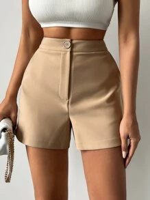 High Waist Slant Pocket Shorts - Khaki - View 5