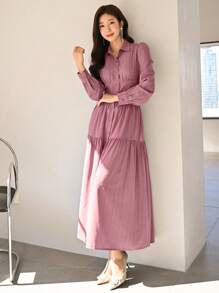 Modelyn Solid Ruffle Hem Shirt Dress - Pink - View 4