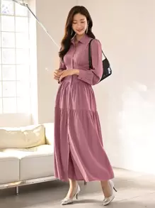 Modelyn Solid Ruffle Hem Shirt Dress - Pink - View 5