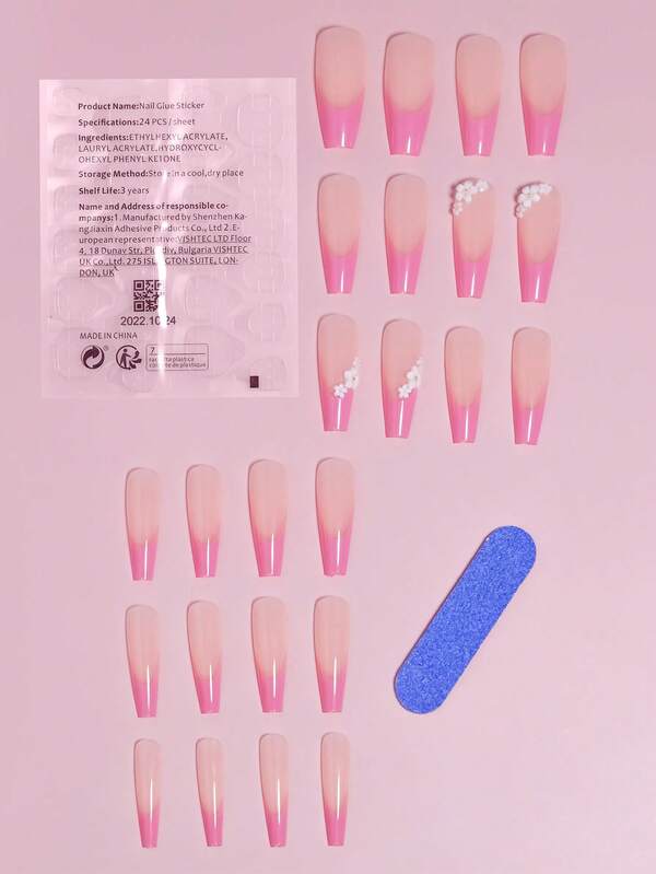24pcs Long Coffin 3D Flower Decor Fake Nail & 1pc Nail File & 1sheet