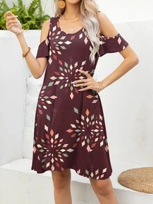 DEARCASE Vestido con estampado geométrico de hombros descubiertos - Marrón - Ver 4