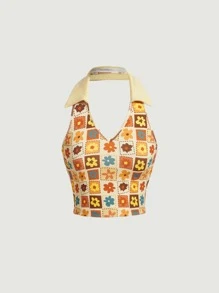 SHEIN MOD Floral Print Halter Top - Multicolor - View 1