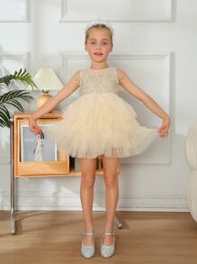 年輕女孩們多層網紗邊派對禮服 - 香檳色 - 查看 3