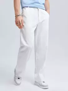 GENTILAND Men Cotton Solid Slant Pocket Straight Leg Trousers - White - View 2