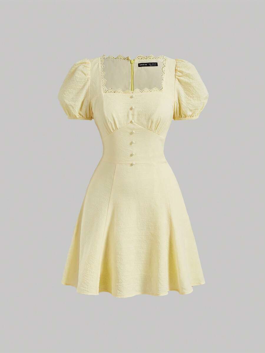 SHEIN MOD Square Neck Puff Sleeve Lace Trim Button Front Dress - Yellow - View 1