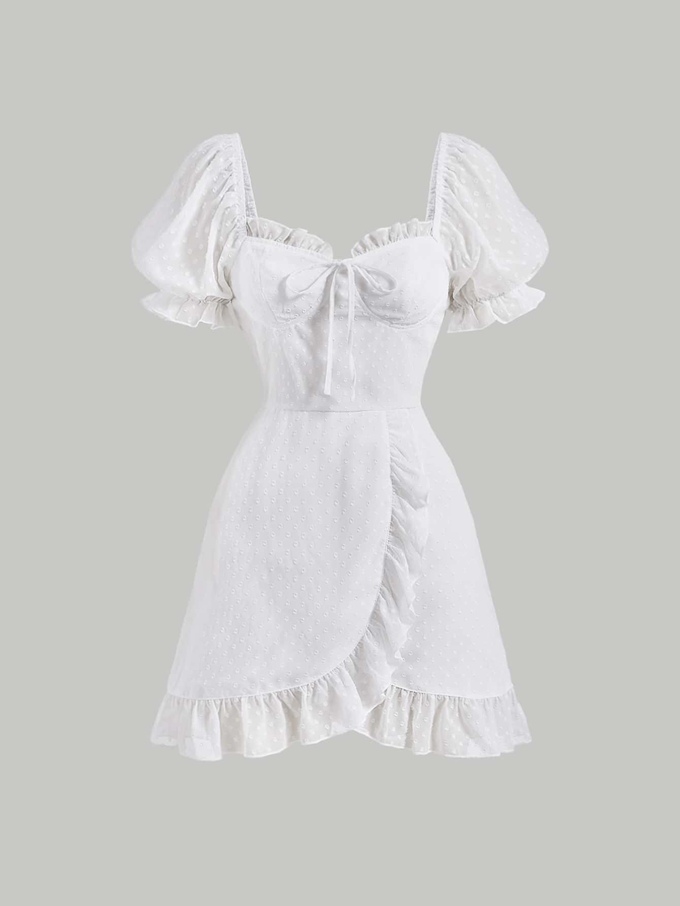 SHEIN MOD Sweetheart Neck Puff Sleeve Ruffle Trim Wrap Hem Dress - White - View 1