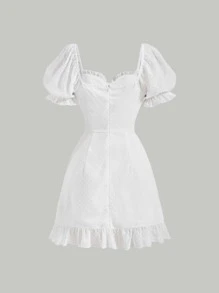 SHEIN MOD Sweetheart Neck Puff Sleeve Ruffle Trim Wrap Hem Dress - White - View 2