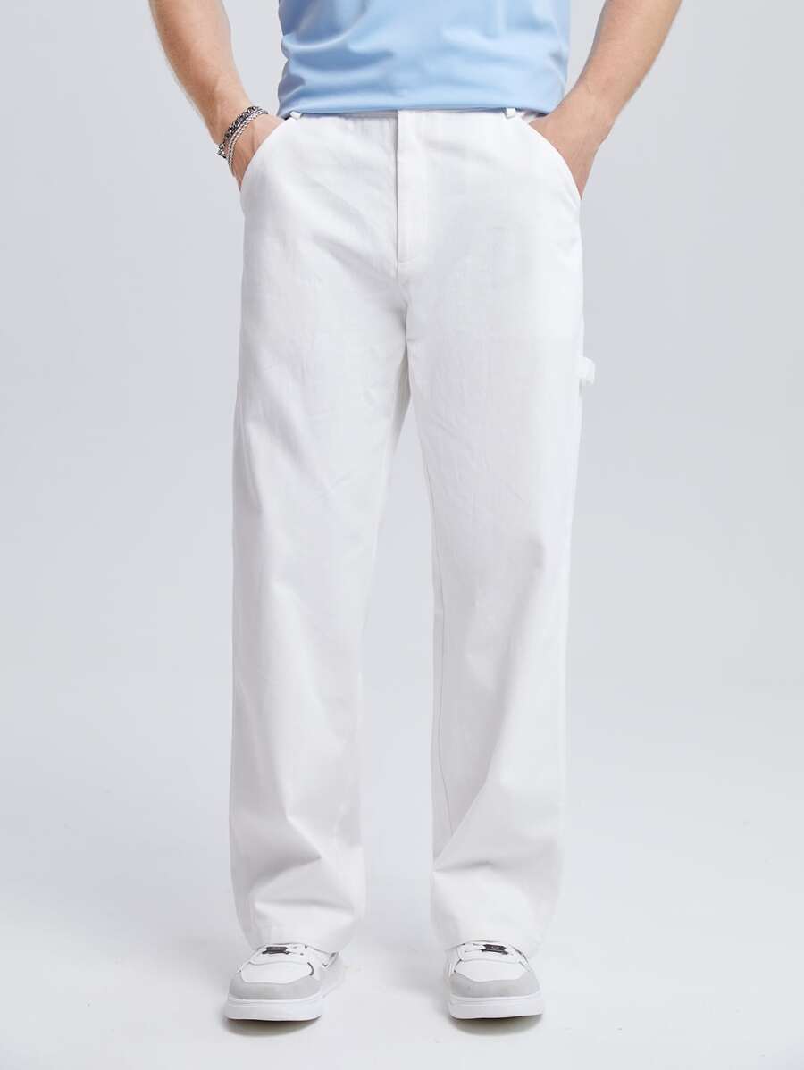 GENTILAND Men Cotton Solid Slant Pocket Straight Leg Trousers - White - View 1