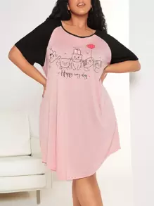 SHEIN CURVE+ 大碼卡通和標語圖案插肩袖睡裙