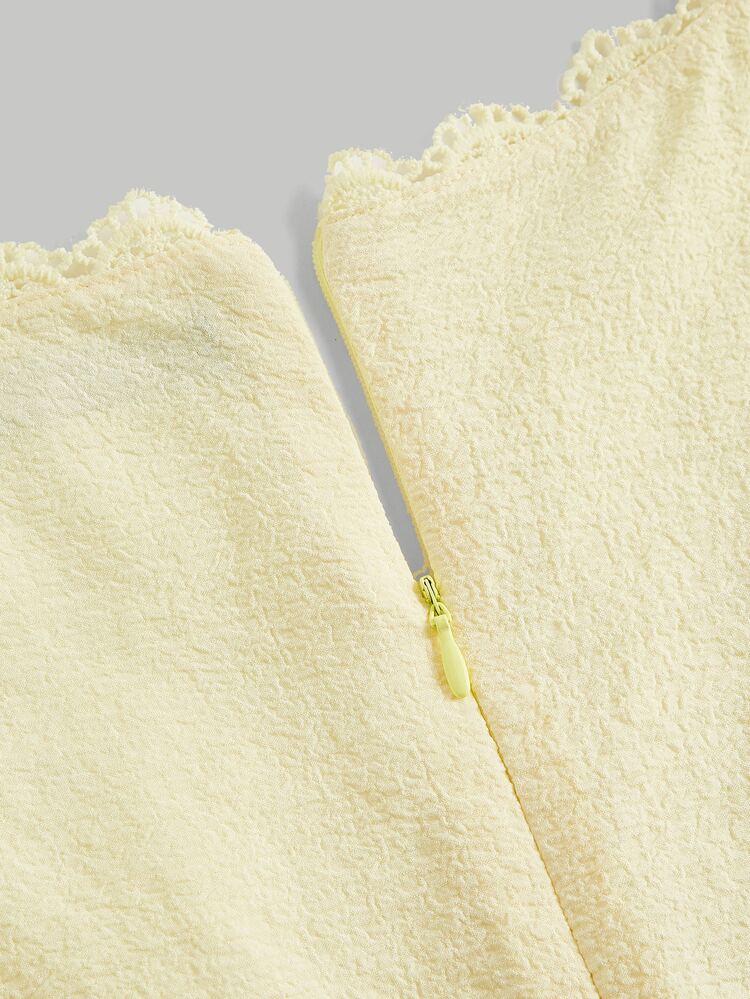 SHEIN MOD 方領泡泡袖蕾絲邊前紐扣連衣裙 - 黃色 - 查看 3