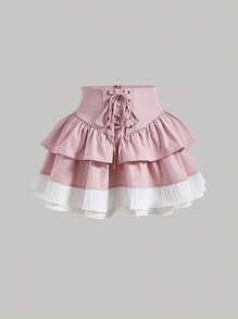 SHEIN MOD Lace Up Front Two Layer Hem Skirt - Pink - View 1