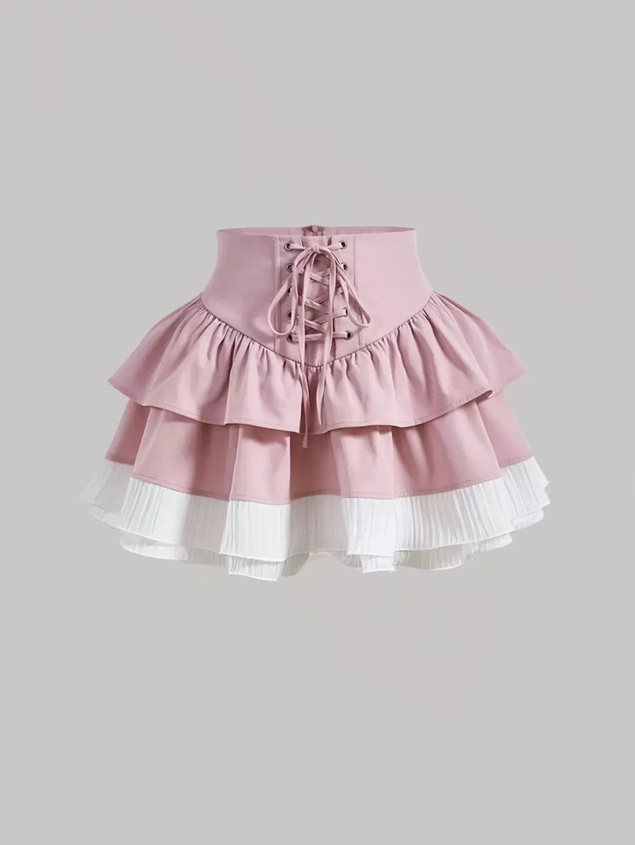 SHEIN MOD Lace Up Front Two Layer Hem Skirt - Pink - View 1
