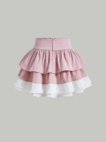 SHEIN MOD Lace Up Front Two Layer Hem Skirt - Pink - View 2