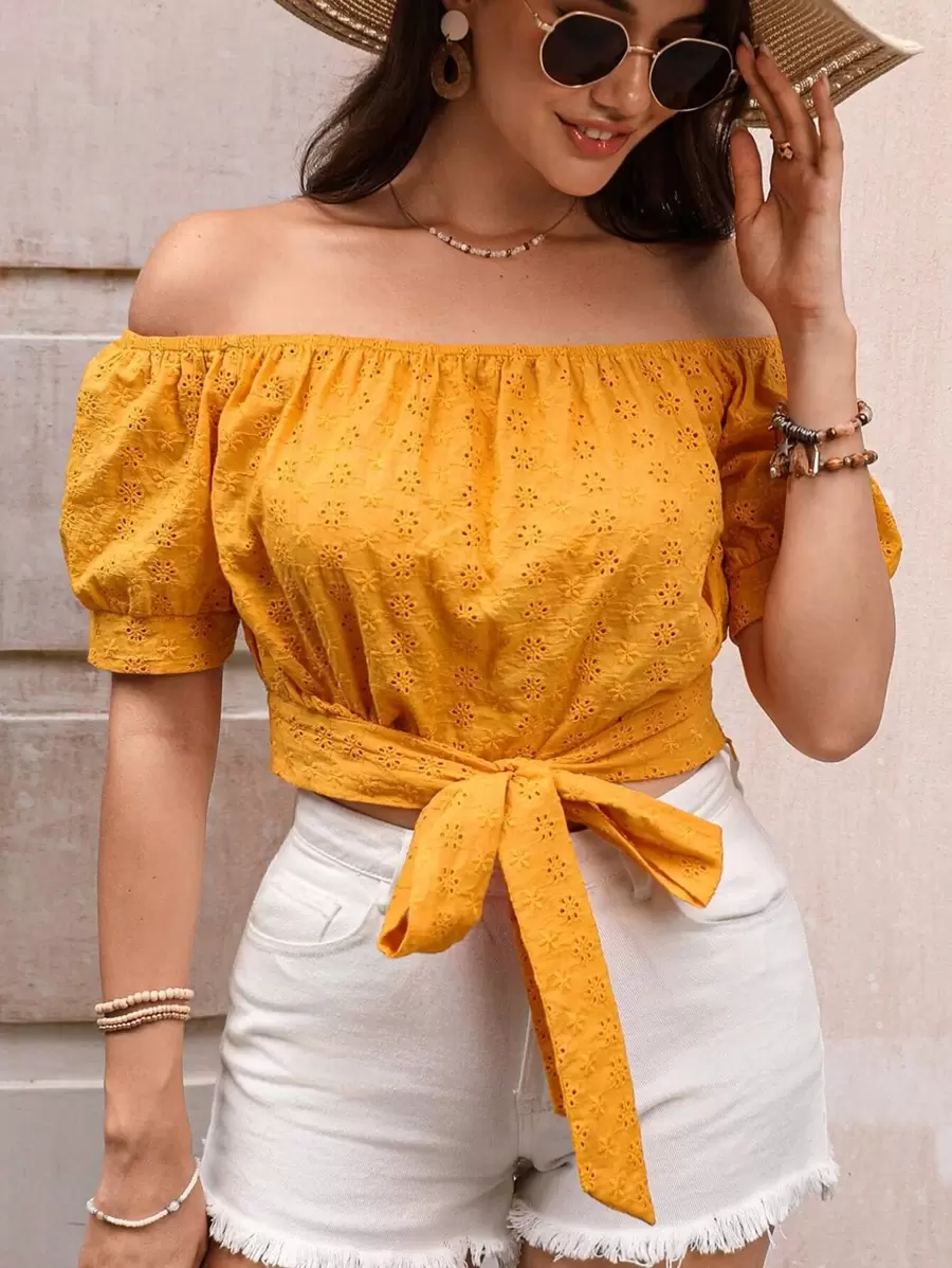 SHEIN VCAY Off Shoulder Knot Hem Schiffy Blouse - Yellow - View 1