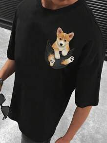 Manfinity Hypemode Hombres Camiseta de hombros caídos con estampado de perro - Negro - Ver 6