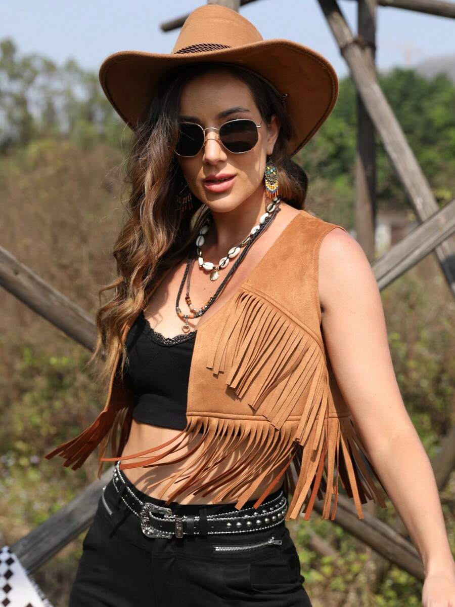 RELISH NOLESS 流蘇邊開門襟短款夾克背心 - 駝色 - 查看 1