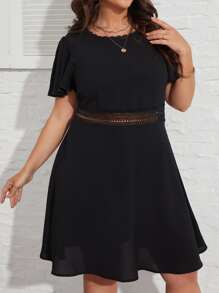 SHEIN LUNE Vestido con encaje en contraste de manga mariposa - Negro - Ver 5