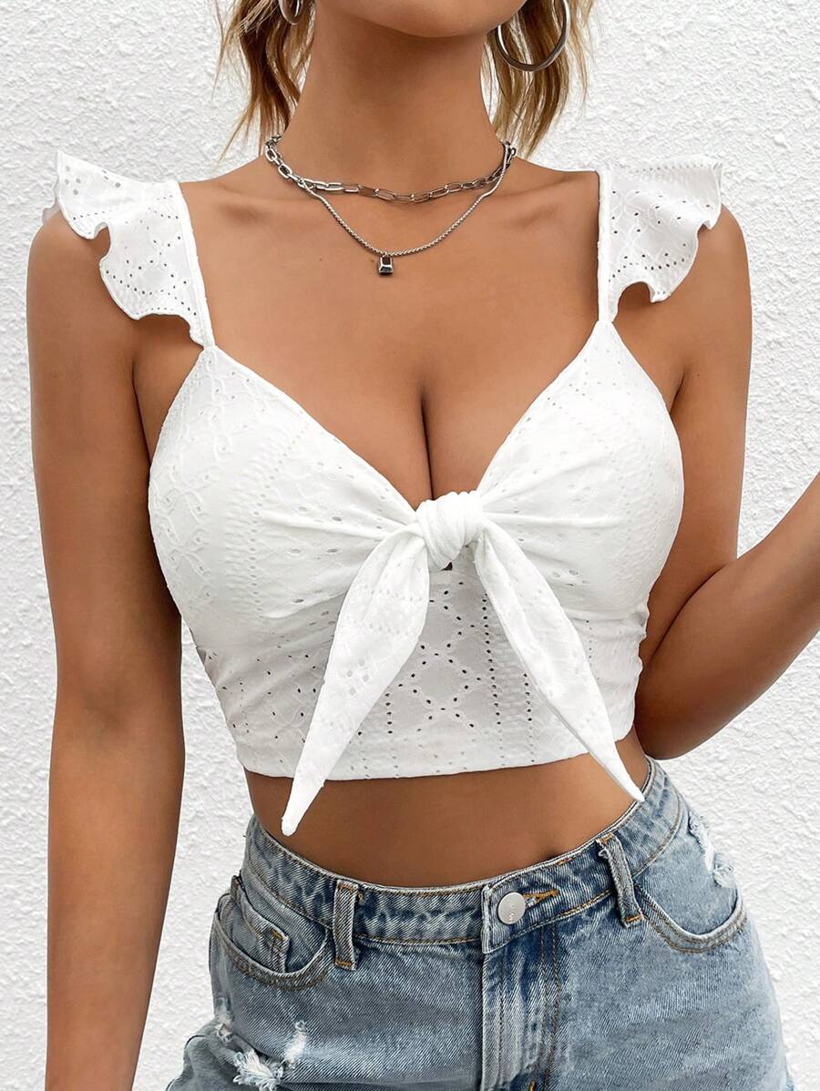 SHEIN EZwear Top crop con nudo delantero ribete con fruncido - Blanco - Ver 1