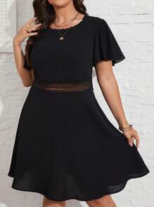 SHEIN LUNE Vestido con encaje en contraste de manga mariposa - Negro - Ver 6