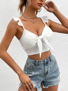 SHEIN EZwear Top crop con nudo delantero ribete con fruncido - Blanco - Ver 3
