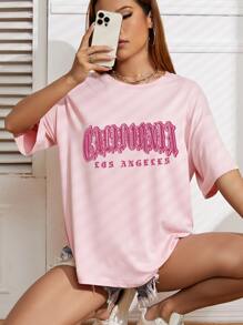 SHEIN EZwear Áo thun nữ Lá thư Giải trí - Hồng - Xem 1
