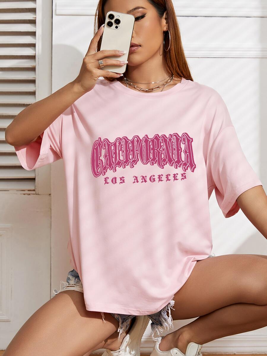 SHEIN EZwear Áo thun nữ Lá thư Giải trí - Hồng - Xem 1