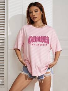 SHEIN EZwear Áo thun nữ Lá thư Giải trí - Hồng - Xem 5