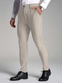 Manfinity Mode Men Solid Slant Pocket Suit Trousers - Khaki - View 7