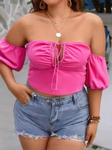 SHEIN Clasi Top crop de hombros descubiertos con nudo delantero - Rosa Fucsia - Ver 1
