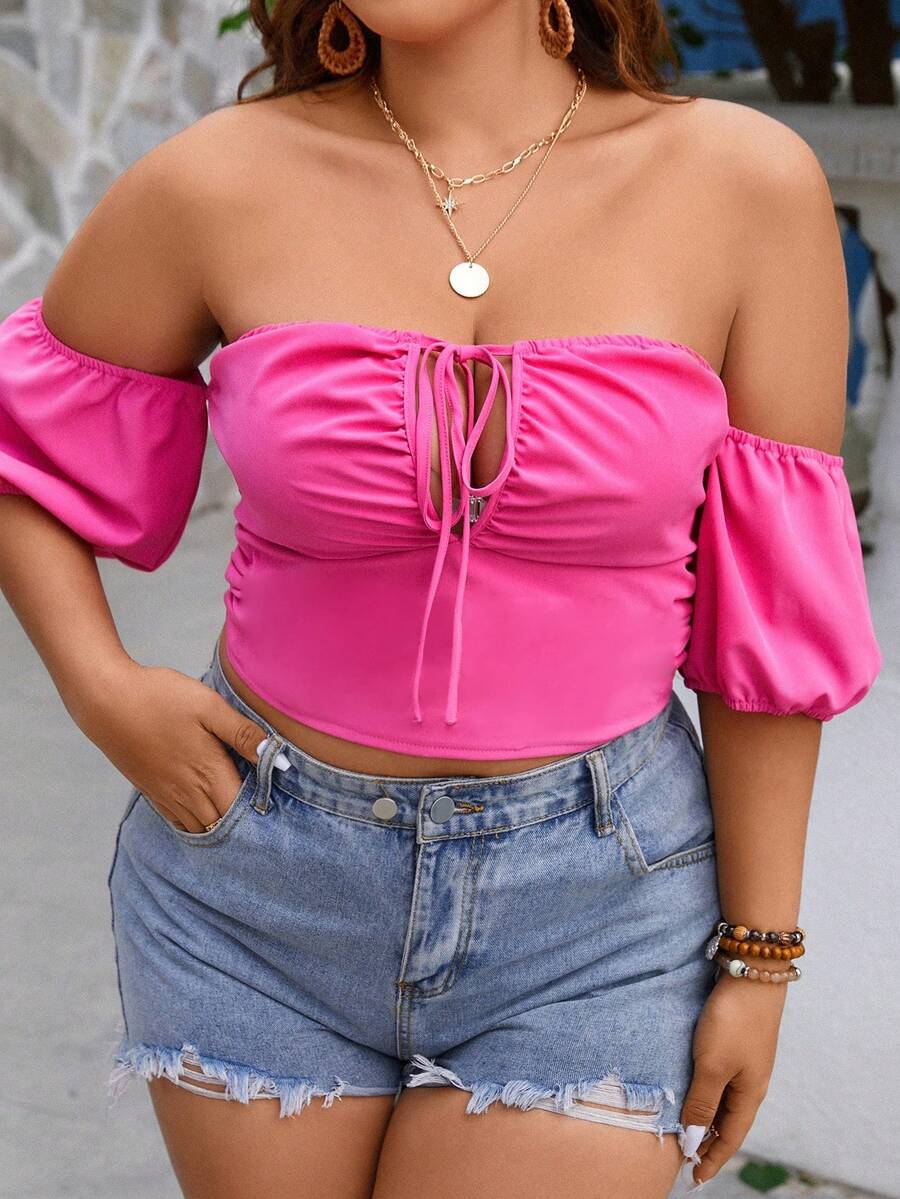 SHEIN Clasi Top crop de hombros descubiertos con nudo delantero - Rosa Fucsia - Ver 1