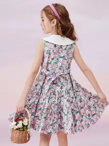 女孩滿版印花彼得潘領荷葉邊連衣裙 - 彩色 - 查看 2