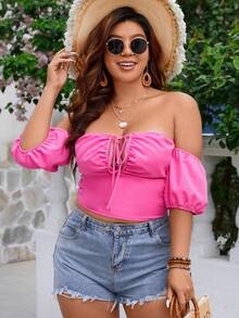 SHEIN Clasi Top crop de hombros descubiertos con nudo delantero - Rosa Fucsia - Ver 3